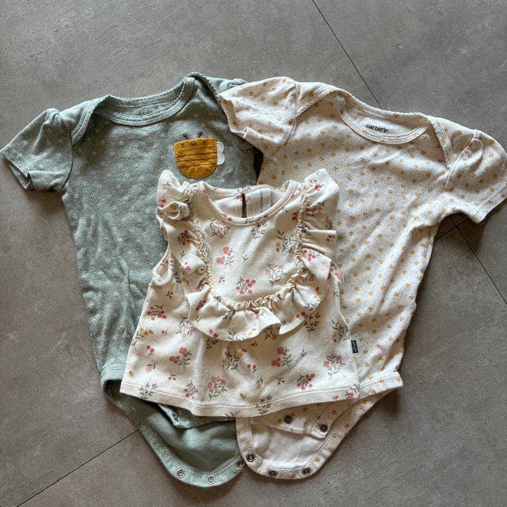 Carters and Modern Moments Baby Girl 3 Piece Floral Set 12 Months Bee Bodysuits